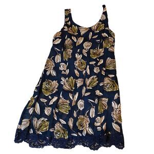 Maxou Lined Floral Navy Blue Dress‎ Empire Waist Vertical Seams Sleeveless